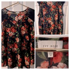 Women’s Ivy Rose Navy Blue Floral Top with lace sleeves